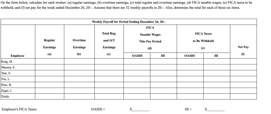 On the form below, calculate for each worker: (a) regular earnings, (b) overtime earnings, (c) total regular and overtime ear