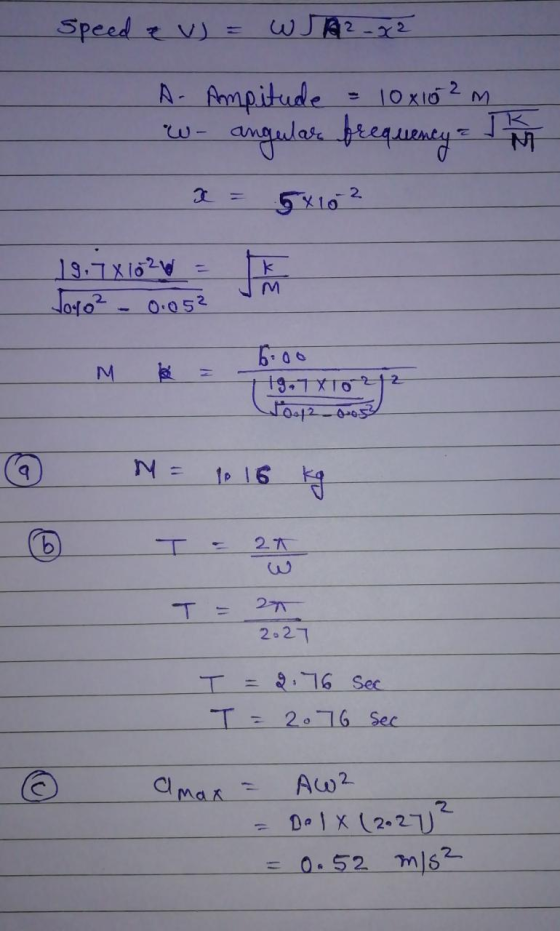 Speed & v) = w ar.g2 A- Ampitude = 10x102m. w- angular frequency: The x = 5x10 2 19.78 102 Joyo? - 0.05² 6:00 119.7X10212 ومل