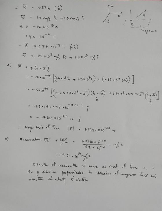 - B -0.579 (-) ū - 14 komys +1.9 km/s 1 B q = - 1-6 x 10-la e groura A) IG= 10-4 T. - B = 0.57x10h T (*) u a 1.4 x 103 m/s Ŕ