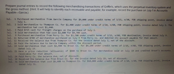 Prepare journal entries to record the following merchandising transactions of Griffins, which uses the perpetual inventory s