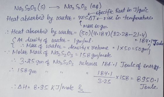 -specific heat in T/gmc Naz S₂03 (s) - Naz O₂ (aq) Heat absorbed by wateke - MEGTE rise in temperature mass in gm. .: Heat ab