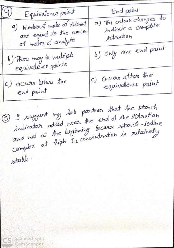 Equivalence point I End point a) Number of moles of titrant | a) The colour changes to are equal to the number indicate a com