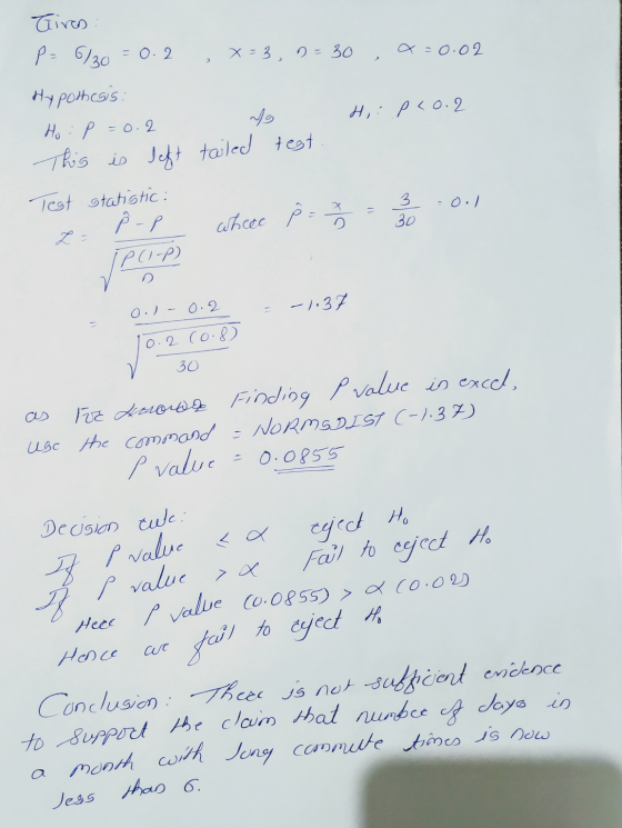 Gires p= 6/30 = 0.2 x= 3 0=30, x=0.02 Hypothesis: W H,: p<0.2 Ho: p=0.2 This is left tailed test Test statistic: 2- p-p where