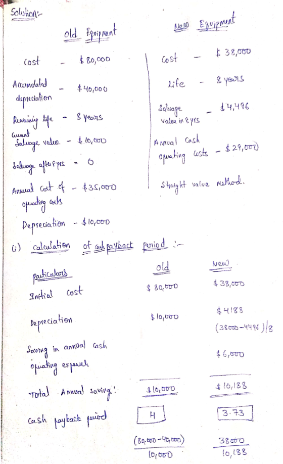 Solution bilang Eyuipment old Ingripent - $80,000 cost cost - $ 38,000 Acwmolated - life $40,000 - 8 years - $4,49€ Salvage v