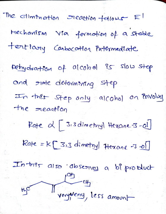 The elimtmation Sieaction tollows E Hechanism Vfa tormotian of a stable tentlany Conbocotfon Futermediate pehydsation of alco