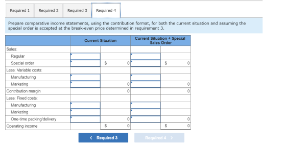 Required 1 Required 2 Required 3 Required 4 Prepare comparative income statements, using the contribution format, for both th