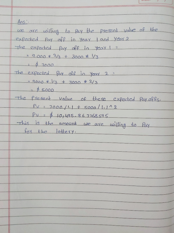 Ans we are willing to pay the present value of the expected pay off in year I and Year 2 The expected pay off in year 1 = _ 3