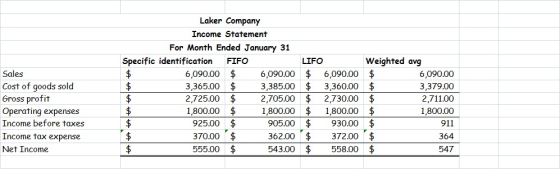 Sales Cost of goods sold Gross profit Operating expenses Income before taxes Income tax expense Net Income tot | Laker Compan