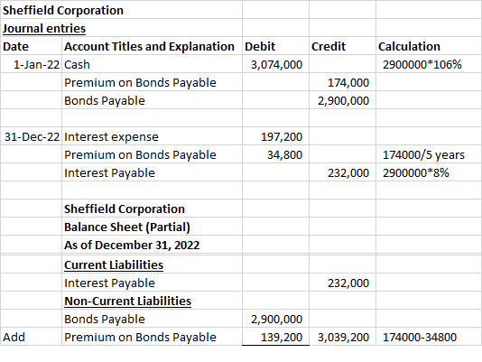 Credit Sheffield Corporation Journal entries Date Account Titles and Explanation Debit 1-Jan-22 Cash 3,074,000 Premium on Bon