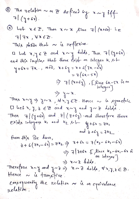 ③ The relation mon ze defined by any iff 7164+6x). a hef ny € Z and y+60=7k., Now, at het net. Then and since 71 (+62). Tre 7