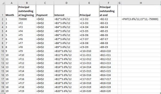 А G н | Principal outstanding at beginning Payment 750000 =$H$2 =F2 =$H$2 =F3 =$H$2 =F4 =$H$2 1 Month 2 1 32 4 3 =PMT(3.6%/12