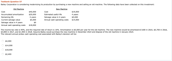 Testbank Question 57 Bailey Corporation is considering modernizing its production by purchasing a new machine and selling an