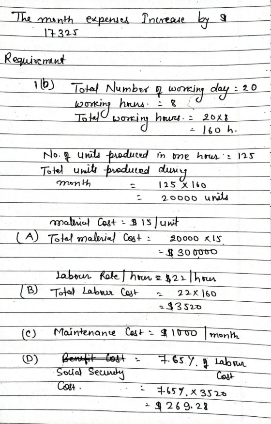 The month expenses Increase by si 17325 Requirement 116) Total Number of working day working :20 working hous hours. = 8 hour