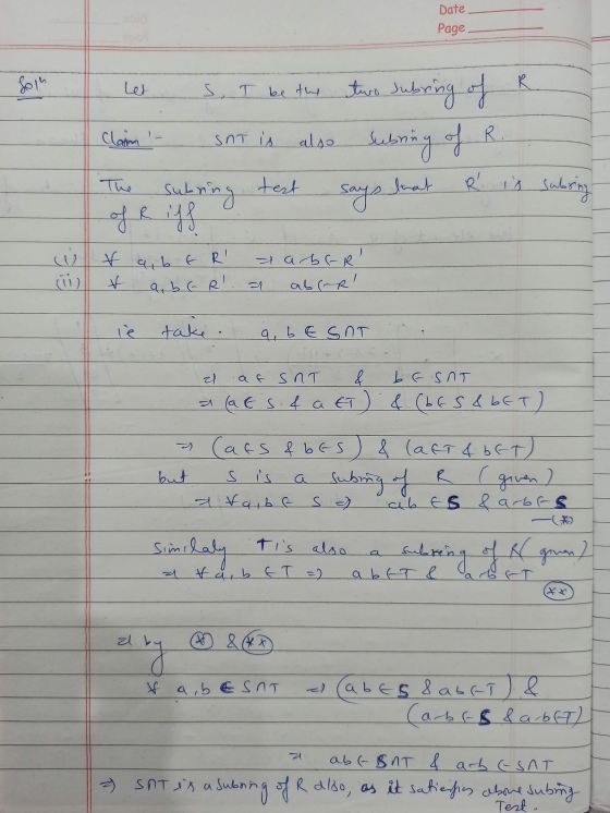 Date Page Soin let s, I be te Claim - SnT is two subring of also subring of R says that Ŕ is subring The subring test of Riff