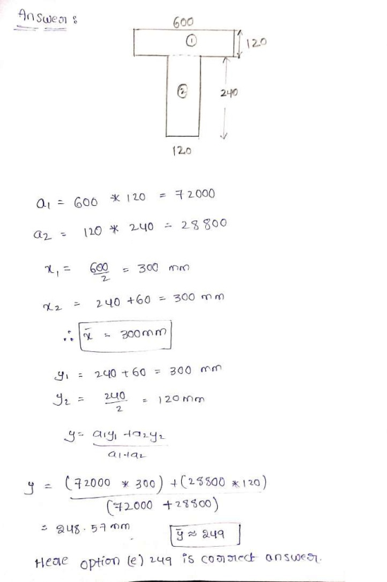 Answe 01 600 240 120 Q1 = 600 * 120 = 72000 az - 120 * 240 = 28800 X, = 600 - 300 mm 22 - 240 +60 - 300 mm ile = 200mm) y = 2