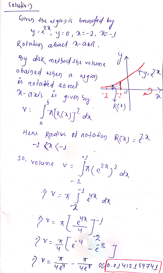 solution Gives the nigion is bousched by 9:02 y=0,2=-2, IE-1 Roterting about 2-axp. obydok method the volume 0 1 obained when