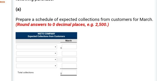 RCES (a) Prepare a schedule of expected collections from customers for March. (Round answers to 0 decimal places, e.g. 2,500.
