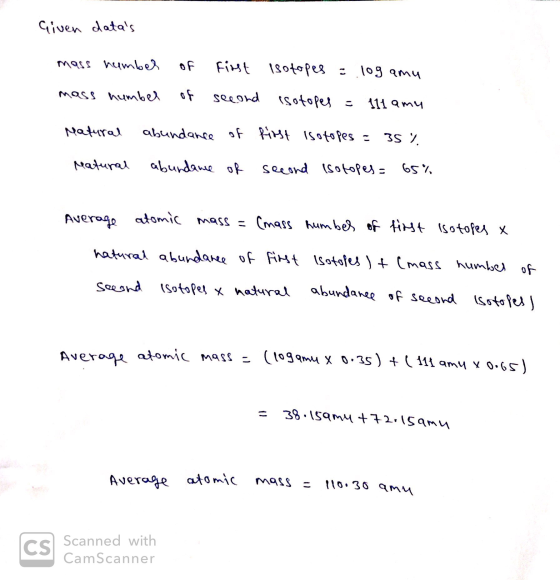 Given datas Isotopes = log amy mass number mass number of of first second isotopes = 111 amy first isotopes = 3 % Natural ab