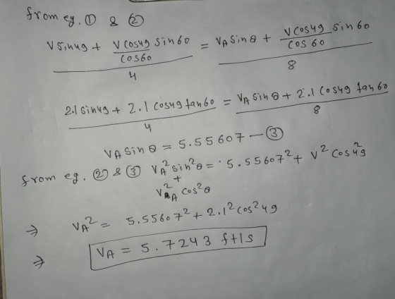 . V Cosug sinto from ey. 0 8 0 vsinug + v cosug sindo = Vasinat Cosbo 4 cos 60 2.1 sinug + 2. 1 cosug fanbo = VASina+2.1 Cosu
