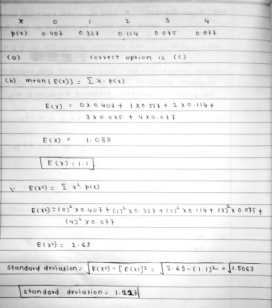 Þ(1) 0.407 0.327 0114 0.075 0.077 correct option is (c) (b) mean ( E(X)) = EU. Þ(1) ECX) - OX 0.407 + 180.327 + 2x0.114 + + 3