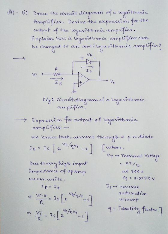 diagram of Pmplifier. Derire the axpresim fo i) Logitmic )Drauo the circit a the autpnt of the Explain chumad Lagayitmic ampu