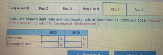 Req A and B Reg C Reg D Req E to H ReqI Reqj Calculate Wipers debt ratio and debt/equity ratio at December 31, 2020 and 2019