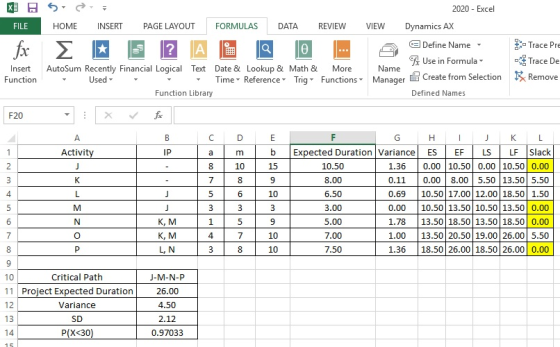 XUS 2020 - Excel FILE HOME INSERT PAGE LAYOUT FORMULAS DATA REVIEW VIEW Dynamics AX Trace Pre fx Σ Trace De Insert Function ?