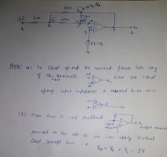 Ол To B = V = Vo in GV 4km &2kn 4 kr UM VETROA, C At Vo D9 2 v=us Note: () in ideal op-amp of its terminals into any No cur
