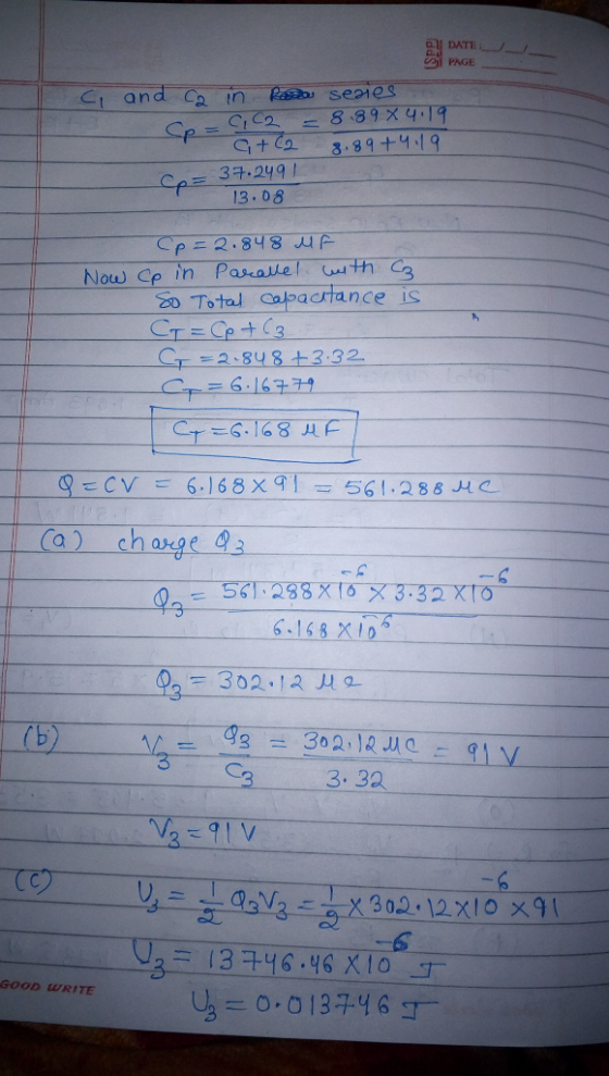 BU DATE: DATE PAGE C and - Ca in Rara series Sp= C2 = 8.89 x 4.19. a+(2 8.89 +4.19 = 37.2491 - 13.08 - Now Cp=2.848 MF ce in