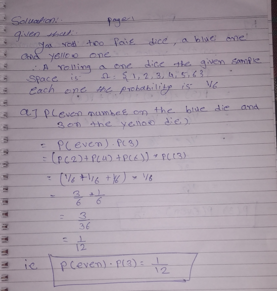 one Solvalich payer given that on you rod too faię dice a blue and yellow onen A rolling a one dice the given Space is a {1,2