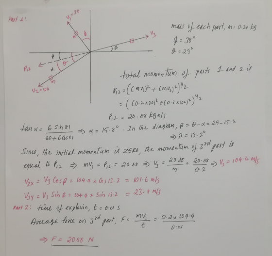 Part 11 W=30 mass of each part, m: 0.28 kg JB 느 o m V2 = 60 o=29° Piz total momentum of parts 1 and 2 is Piz=((MU,)?+ (MU.)?)