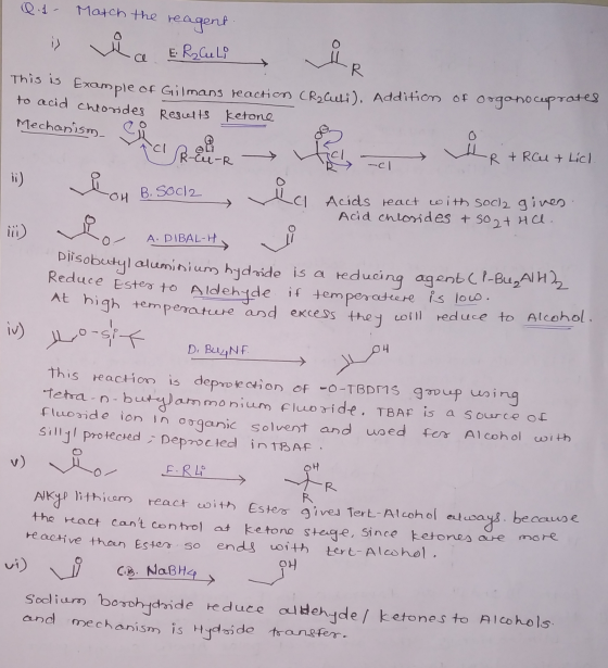 Qi Match the reagent. i) Via E Reculo This is Example of Guilmans reactions CR Cui). Addition of Organo cuprates to acid chlo