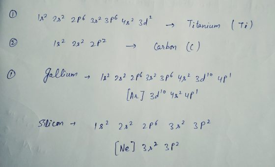 ? о o ? 2P4 3,2 3p6 ч, за* Titanium (ті) 1s 2 2s2 2P? - Cаѕ bом (с) у - /s? 2.? 2P• 2х2 3Р+ чѕ? за?° че! [As 7 3° 94° че! Sli