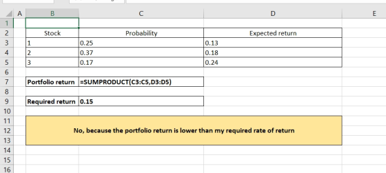 А в C D Stock Probability Expected return 2 3 0.13 1 2 3 0.25 0.37 0.17 0.18 0.24 Portfolio return =SUMPRODUCT(C3:C5,D3:05) R