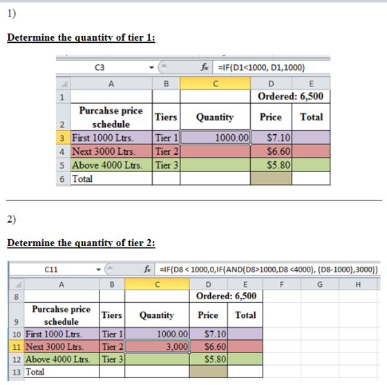 1) Determine the quantity of tier 1: fIF(D1<1000, D1,1000) сз в c D E Ordered: 6,500 1 Purcahse price Tiers Quantity Price To