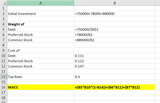 А B 1 =750000+78000+880000 2 Initial Investment 3 4 Weight of 5 Debt 6 Preferred Stock 7 Common Stock =750000/$B$2 =78000/B2