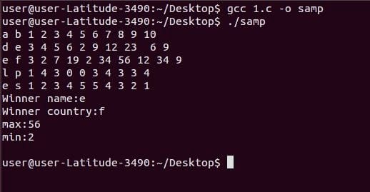 user@user-Latitude - 3490:-/Desktops gcc 1.c -o samp user@user-Latitude - 3490:-/Desktop$ ./samp a b 1 2 3 4 5 6 7 8 9 10 de