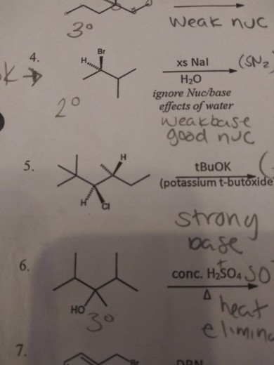 Weak nuc 4. xs Nal (SN2 H2O ignore Nuc/base effects of water weakbase good nuc tBuOK (potassium t-butoxide strong base conc.