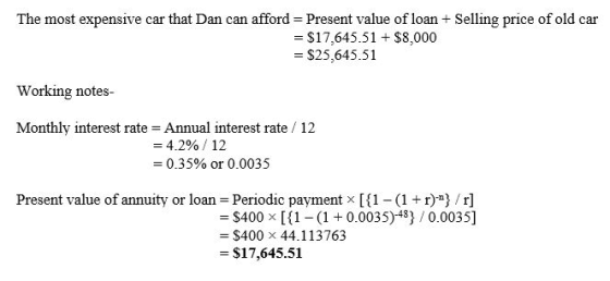 The most expensive car that Dan can afford- Present value of loan + Selling price of old car - $17,645.51 $8,000 - $25,645.51