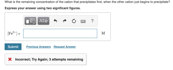 What is the remaining concentration of the cation that precipitates first, when the other cation just begins to precipitate?