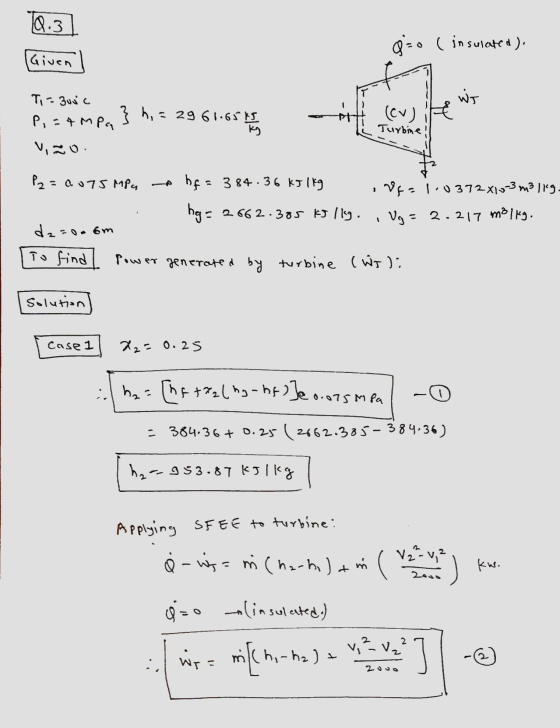 Q.3 0-0 ( insulated). Given ws Ti-- Busc P,=&mpa VO } h, = 2961.65 18 h (ov) it Turbine! 1 P2= = a075 MPa hf = 384.36 kJ 1kg