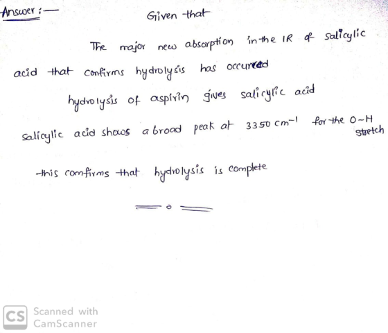Given that Tre major neco absorption in-th e IR Sal cylic add that confirms hydrolysis os occured hydrolysis of aspin gjves s