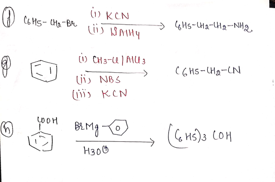 C6H5-Cha-Br ; KCN (ii) Wally → GH5-442-449--NHą & ☺ wij NBS C6H5-CH2-IN (1) CH3-11) All 3 Li, NBS (11) KCN my eyes om te , (s