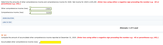 Determine the amounts of other comprehensive income and comprehensive income for 2020. Net income for 2020 is $35,200. (Enter