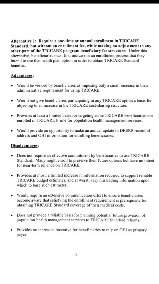 Alternative 1: Require a one-time or annual enrollment in TRICARE Standard, but without an enrollment fee, while making no ad