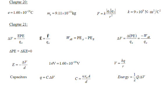 Chapter 20: 1.60x 10-19C m, 9.11x10- kg Chapter 21: EPE ΔΙΡΕ do 1 eV = 1.60x10-19V Capacitors Energy-_ Ο.Δν