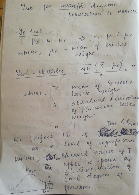 Test for s mean (f): Assume & population is normal. Yo test - D a I HOM= Mo v/s where, Mo = mean H, . pec pro of Initial wher