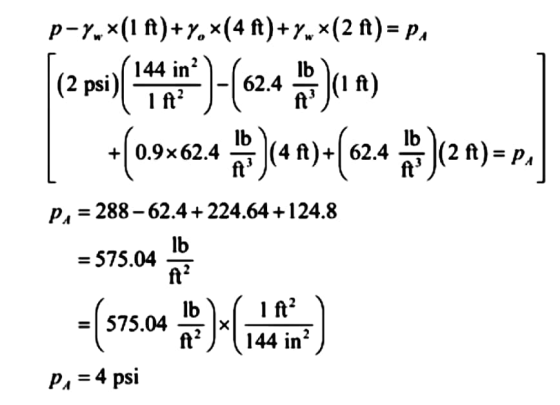 (2 psi)-624J01) 144 in l ft2 lb ft psı +(0.9% 62.4 )(4 ft)-(62.4 f)(2 ft)-PA -575.04 (57504 흙)-(뷰) lb lb Pa-288-624 + 22464 +