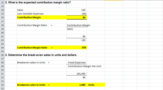 32 2. What is the expected contribution margin ratio? Sales Less Variable Expenses Contribution Margin 120 (36) 84 Contributi