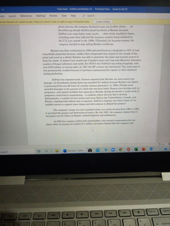 Final Exam - DuPont and Benlate (3) - Protected View - Saved to this PC sign Layout References Mailings Review View Help Sear